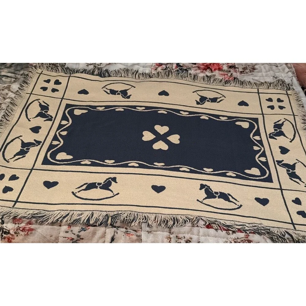 Vtg Goodwin Weavers Reversible Throw Blanket Tapestry Heart Horse 32x42 USA. GUC